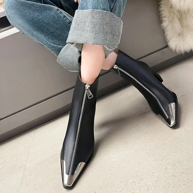 34-39 Retro Women Genuine Leather Ankle Boots Chunky High Heel Pointed Toe Shoes Autumn Black Winter Boots Sexy Zippers