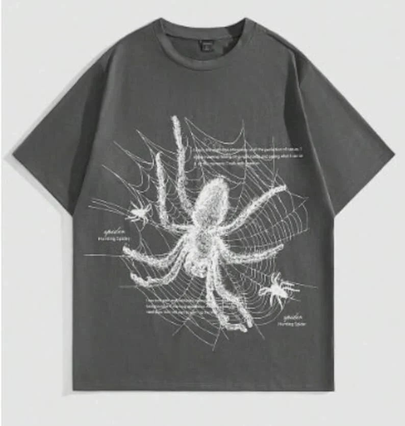 

Goth Men Slogan & Spider Print Tee - Edgy Black Gothic T-Shirt with Bold Spider Design, Streetwear Fashion, Available in Various