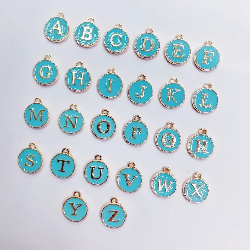 26 double sided flat round alloy letter ornaments enamel ornaments alphabet initials pendant DIY jewelry production wholesale