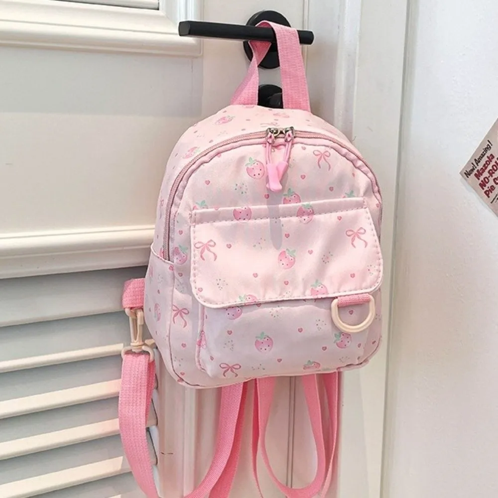 Kawaii Lightweight Mini Backpack Strawberry Nylon Bowknot Printed Bag Polyester Simple Daypack College Students