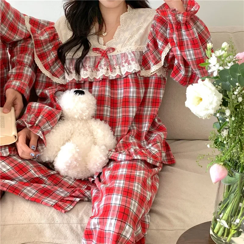 Loose Casual Couple Pajamas Sweet Lace Vintage Red Plaid  Thick  Nightwear Autumn Winter Princess Style Christmas Homewear D711