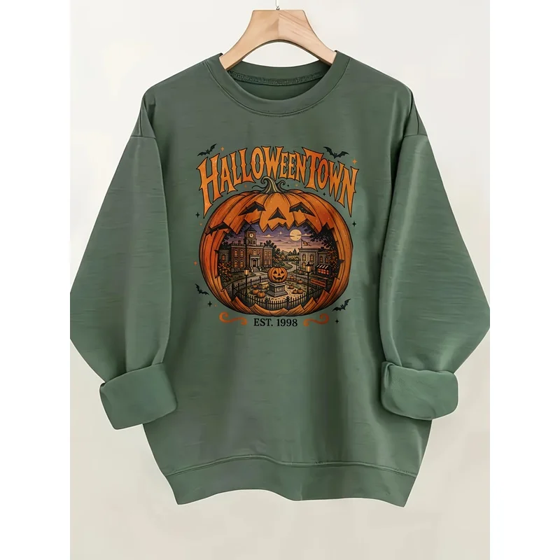 Summer Halloween Town Printed Pumpkin Lantern Town Scene Bat Pattern EST 1998 Women's round neck hoodie Halloween sweatshirt