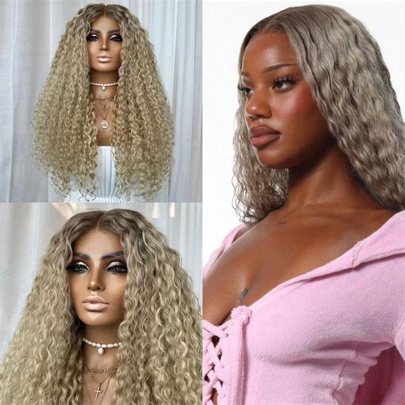 Новый парик высокого качества Ombre Blonde HD Lace Wigs Косплей Парик из синтетических натуральных волос длиной 30 дюймов Глубокий вьющийся парик на каждый день
