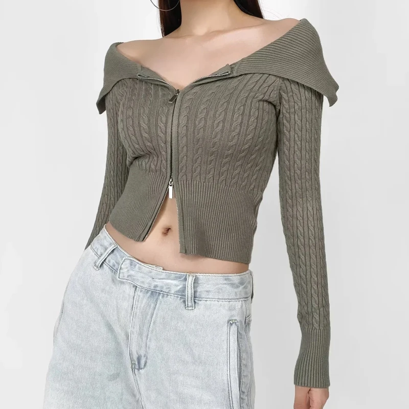 

Autumn New Arrival Women's Knitted Sweater One-oulder Long Sve Turn-down Collar ort Open Cardigan Wave Pattern Double ...
