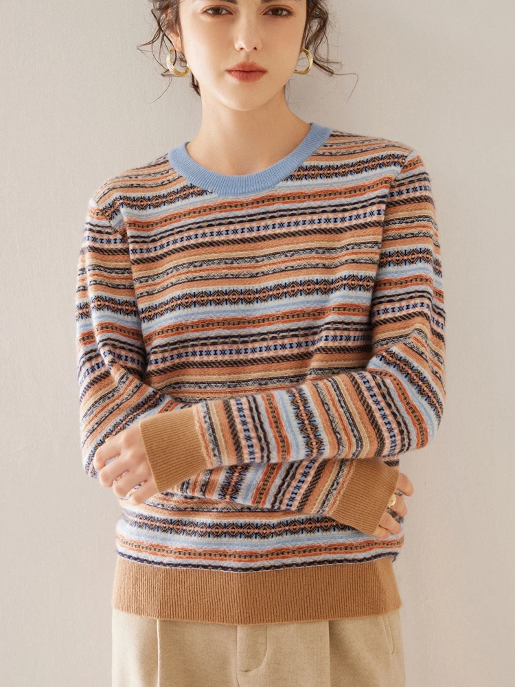 ADDONEE Women Jacquard Cashmere Sweater Autumn Winter O-neck Pullover 100% Cashmere Knitwear Vintage Style Clothing Soft Warm