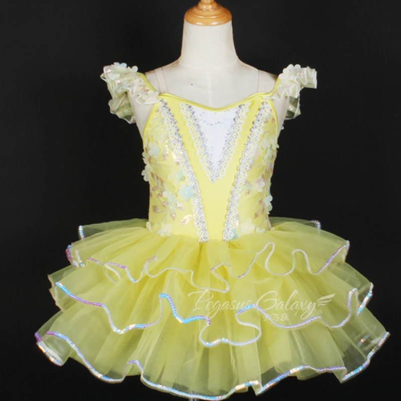 

girls yellow off-shoulder performance ballet costume sequins stage show ballet dress for women swan lake ballet dance clothes