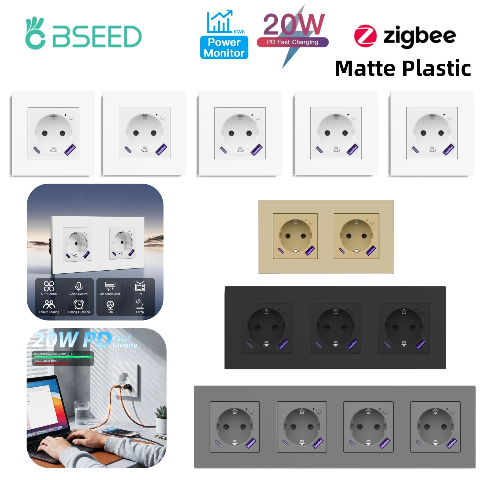BSEED Zigbee EU-Steckdose, Kunststoff, Smart Power Monitor, Steckdosen, 16 A, Wandsteckdosen, USB Typ C, schnelles Aufladen, für Tuya, Google, Alexa, Alice