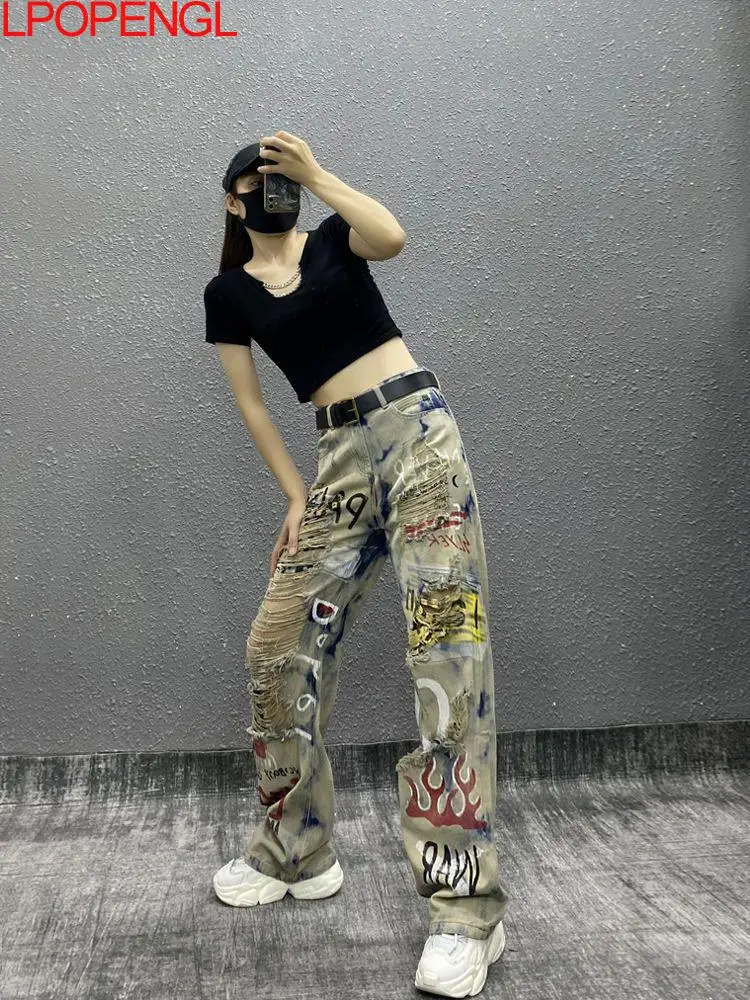 Fashion Color Printed Personalized Do Old Ripped Gothic Jeans Women's Spring And Summer Button High Waist Loose Mopping Pants