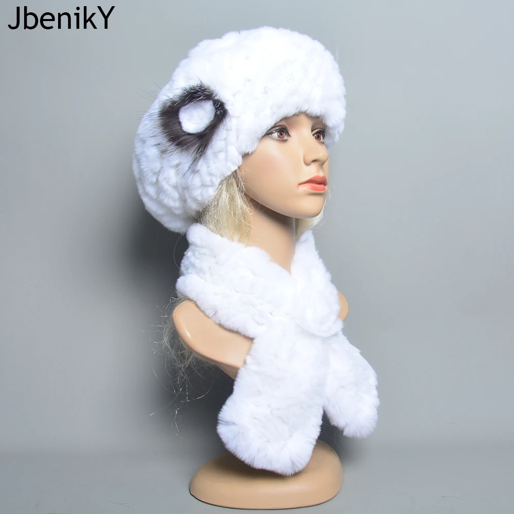 2025 New Winter women Warm Real Rex Rabbit Fur Hat With Natural Rex Rabbit Fur Scarf 2 Pieces Sets Fashion Headgear And Muffler