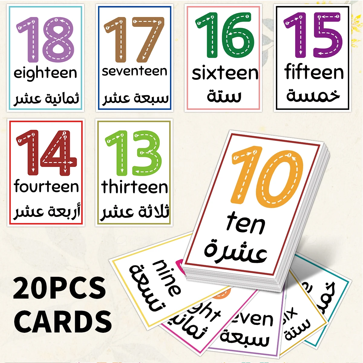 20pcs Arabic-English Number Flashcards,Learning Tool Card For Daily Practice,Office School Use For Language Learner,Ramadan Gift