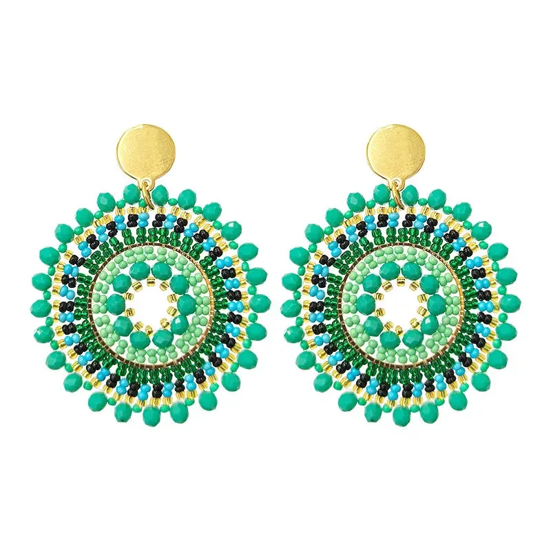 Bohemia Rice Bead Earrings, girassol verde Fashion, redondeza mão tricô cristal, Bohemia liga geometria, simples frisado brincos