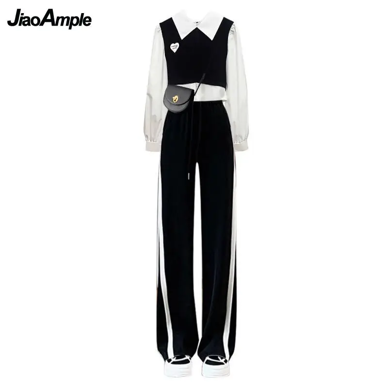 Women\'s Tracksuit 2022 Autumn New Fashion Fake Two-Piece Shirts Tops Pants 2 piece Set Korean Elegant Casual Trousers Suit