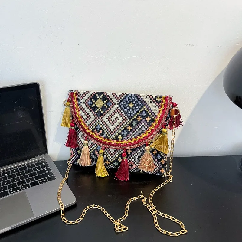 Aesthetic Contrast Colour Tassel Chain Crossbody Bags For Women National Knitting Canvas Shoulder Bag Ladies Handbags and Purses