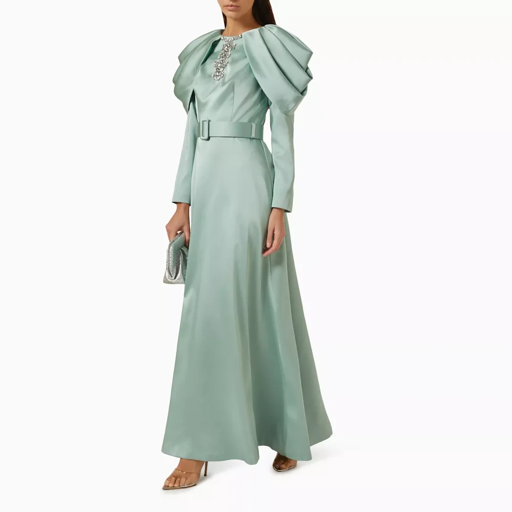 Muloong Light Green O Neck Maxi Dress Pleated Sleeves Ankle Length A Line Classic Evening Dress Crystal Saudi Aribia Prom Gown