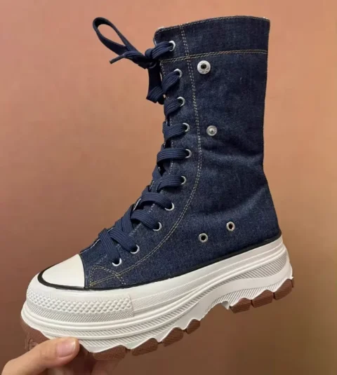 Retro Style Cowboy Lace Up Round Toe Mid-Calf Platfom Women Canvas Boots Thick Sole Side Zipper Design versatile Style Shoes