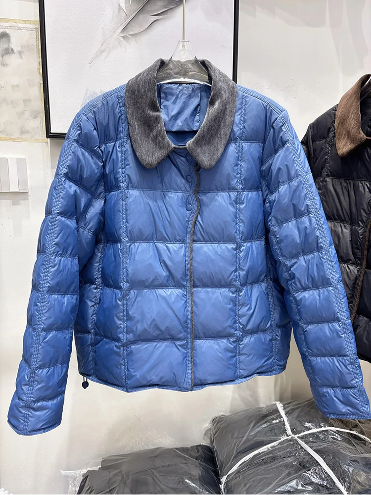 2025 Winter New Light and Thin Down Jacket Women Lapel Collar Color Blocked Western Style White Duck Down Trendy Coat