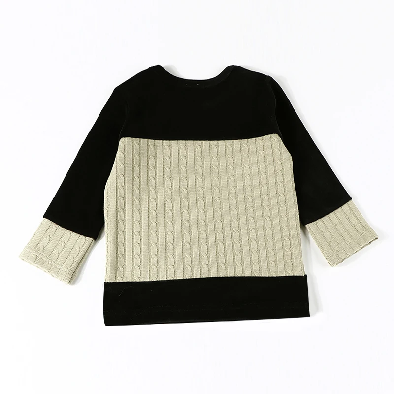 Boy t-shirt new fall autumn winter round neck cotton outfit family matching clothes chidren clothing black velour/cable knit top