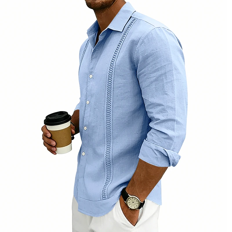 Men's Single-Piece Four-Season Breathable lightweight Casual Loose Vacation Commuter Woven Linen Long-Sleeve Shirt