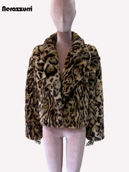 Nerazzurri Winter Thick Warm Colorful Leopard Print Faux Fur Coat Women Lapel Luxury Designer Clothes Fluffy Jacket Cardigan