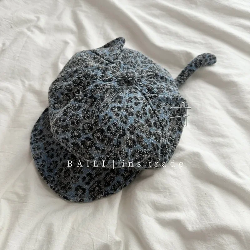 Women's Leopard Print 3D Octagonal Beret Soft Brim Large Size Slim Face Painter Hat