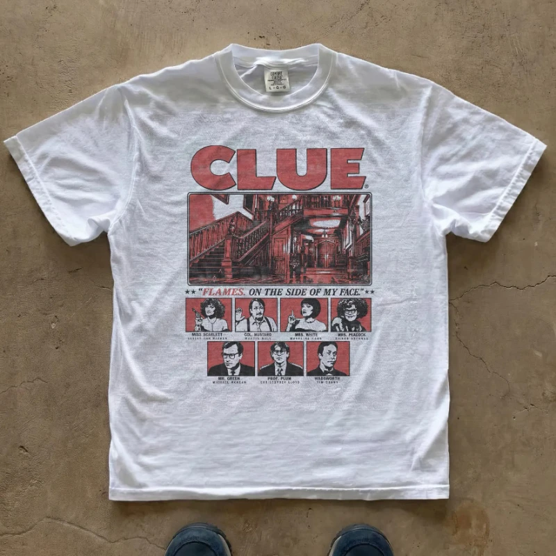 Clue 1985 Mansion Cast Graphic T-Shirt | Retro Board Game Mystery Tee