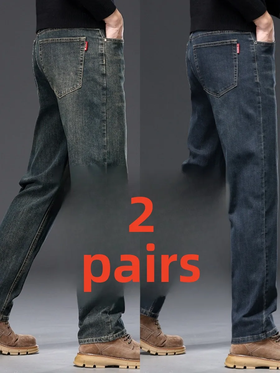 

Retro American Denim Jeans Loose Fit Straight Leg Elastic Casual Long Pants Workwear Wear Resistant Youth Cotton Stretch