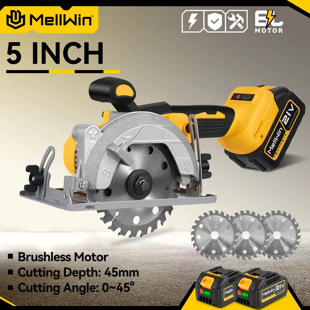 MELLWIN 5 Zoll bürstenlose elektrische Kreissäge Akku-Mehrwinkelsäge Holzbearbeitungs-Elektrowerkzeug-Set für Makita 18 V Akku-Pin