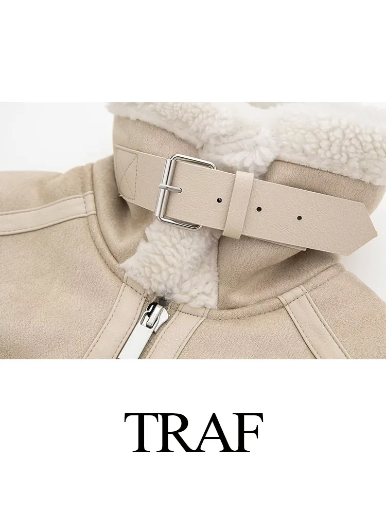 TRAF 2023 New Women Fashion Winter Chic Jackets Solid Color Turn-Down Collar Long Sleeve Pockets Zippers Female Warm Jackets