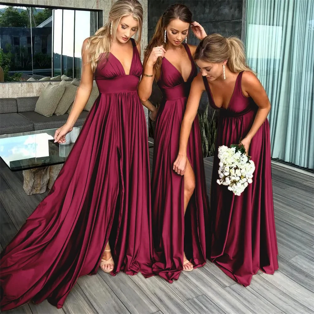 

Luxury Burgundy Bridesmaid Dresses A Line Spandex Backless Sexy Split Deep V Neck Prom Evening Dresses Formal Party Gown Robe de