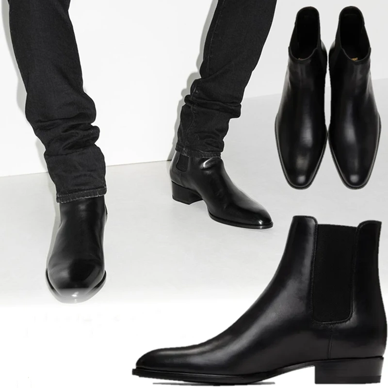Black Ankle Chelsea Boot for Men Genuine Leather Vintage Motorcycle Boots Business Handmade Bootie Shaft Botas De Trabajo Hombre