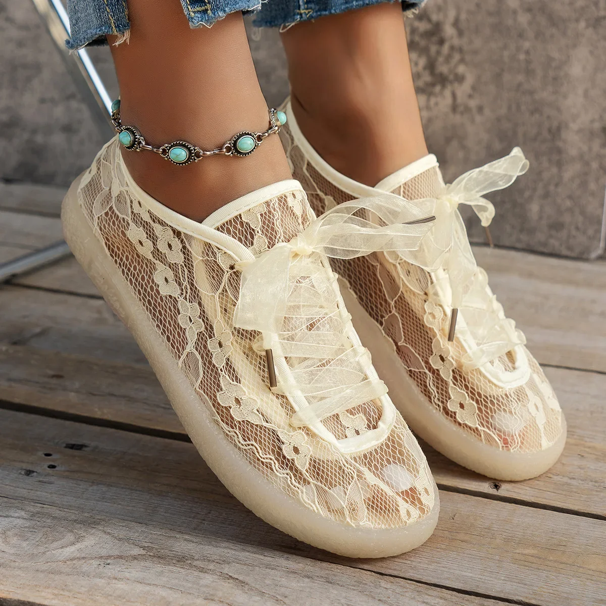 

Hollow Breathable Fisherman Shoes for Women New Jelly Bottom Flat Bottom Student Lace Mesh Single Shoes for Women