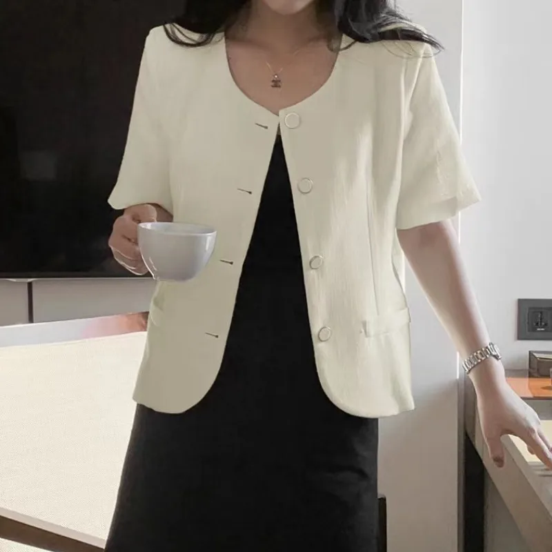 Ele Simple High-End round Ne Single Button ort Sve Loose Outerwear Chic Top Summer Faionable Women's Jaet