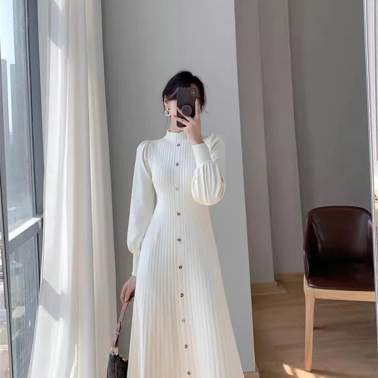 Outono inverno feminino elegante meia gola alta camisola vestido vintage camada interna comprimento médio malha vestidos de manga longa