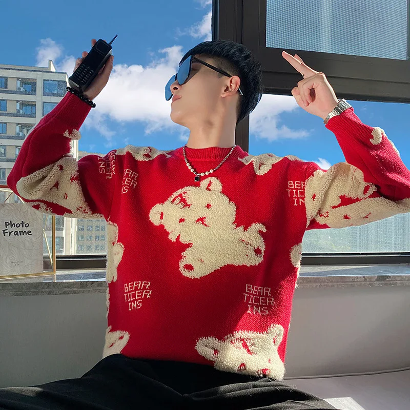 

Autumn and Winter Cartoon Tiger Round Neck Red Sweater New Fashion Casual Pullover Couples College Style Print Knitwear Hombre