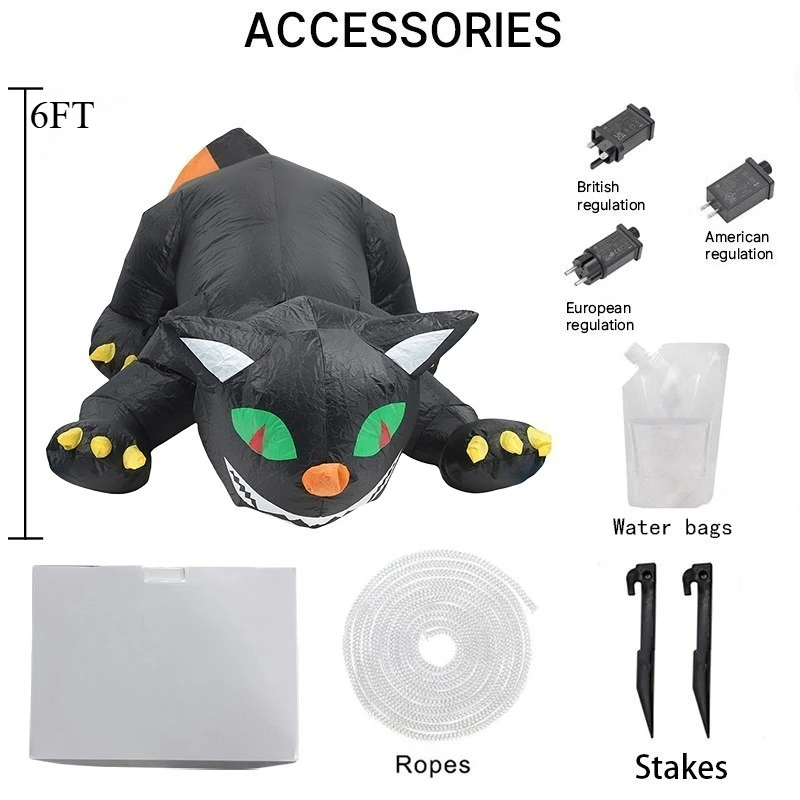Jouets gonflables d'halloween de 6 pieds, modèle de chat secouant la tête, yeux verts intégrés, lumière rouge LED, décoration de jardin gonflable pour fête en plein air