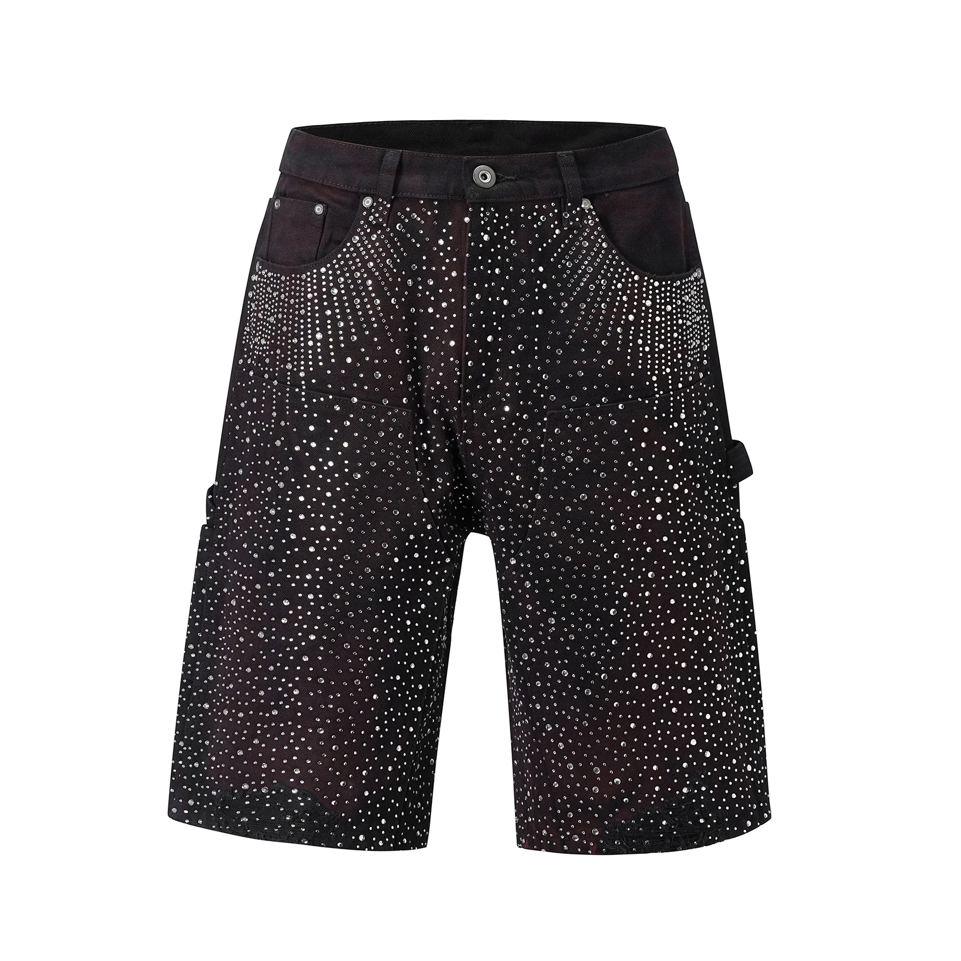 2025 New Full Diamond Splatter Gradient Denim Seven Tenths Pants High Street Trend Embellished Shorts Black Unique Design