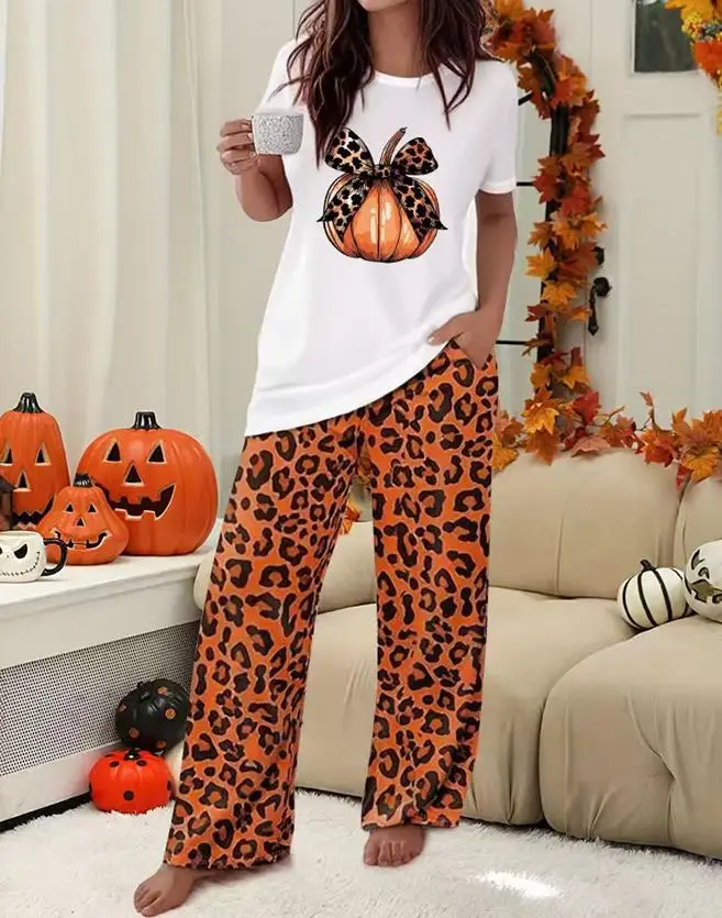 

Round Neck Pumpkin Bow Printed T-Shirt Top and Casual Loose Leopard Print Straight Leg Pants Set Summer Women's Home Set