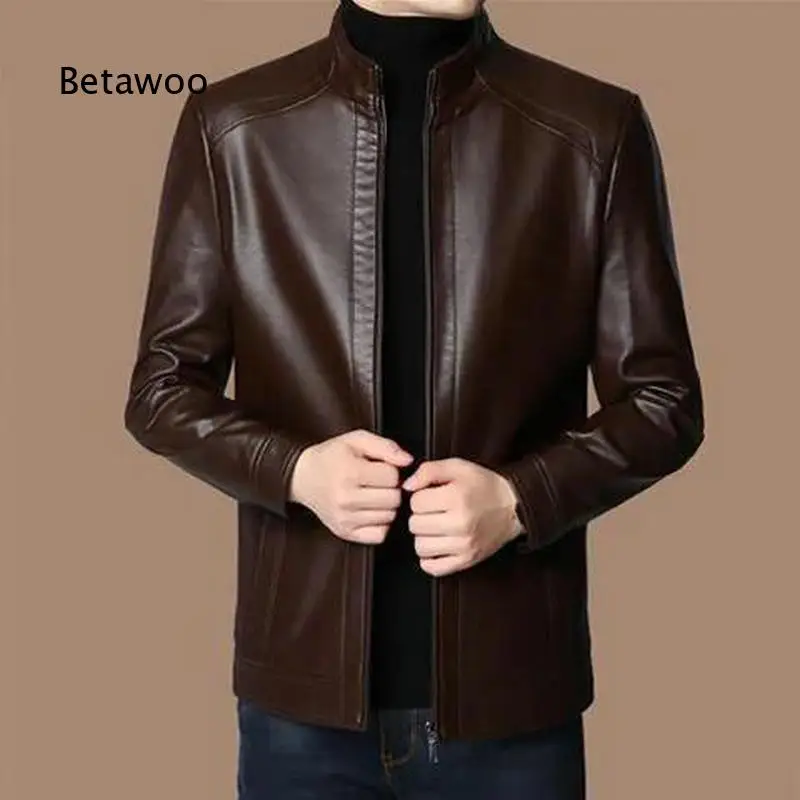 Men Lightweight Faux Leather Jacket Stand Collar PU Leather Coat Outerwear For Middle Aged Elderly Male Suitable For Winter Dail