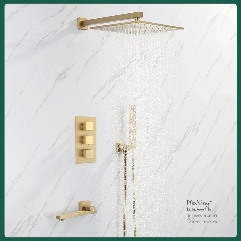 

Thermostatic Bathroom Shower Faucet In Wall Brushed Gold Bath Thermostatic Mixer Bath and Rainfall