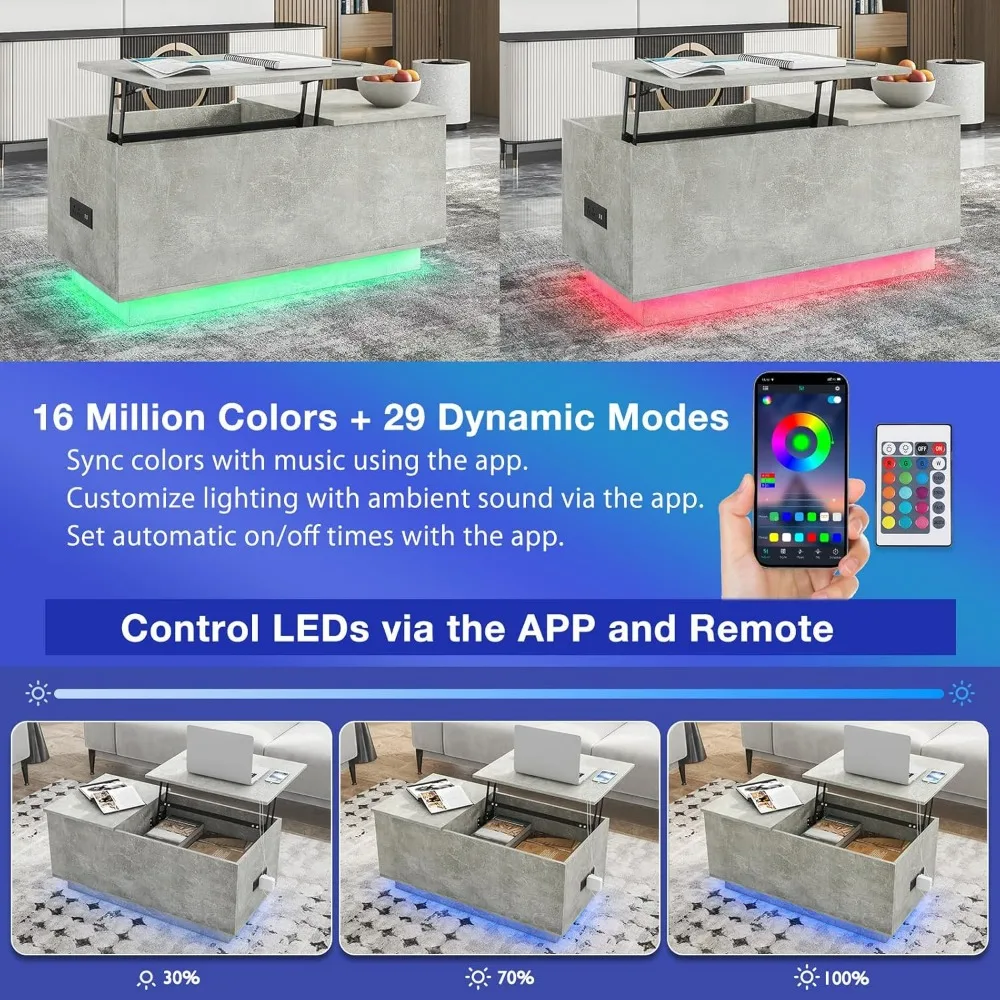 LED Coffee Table with Charging Station, Storage Hidden Compartment Modern Lift Top Center Table with LED Light Tea Table