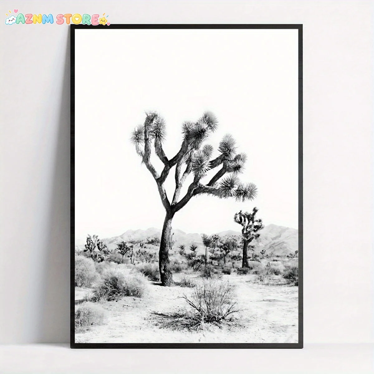 2027,1pc Frameless Canvas Poster - Southwestern Desert Joshua Tree Wall Art, Black & White Boho Print with Dramatic Sky & Des
