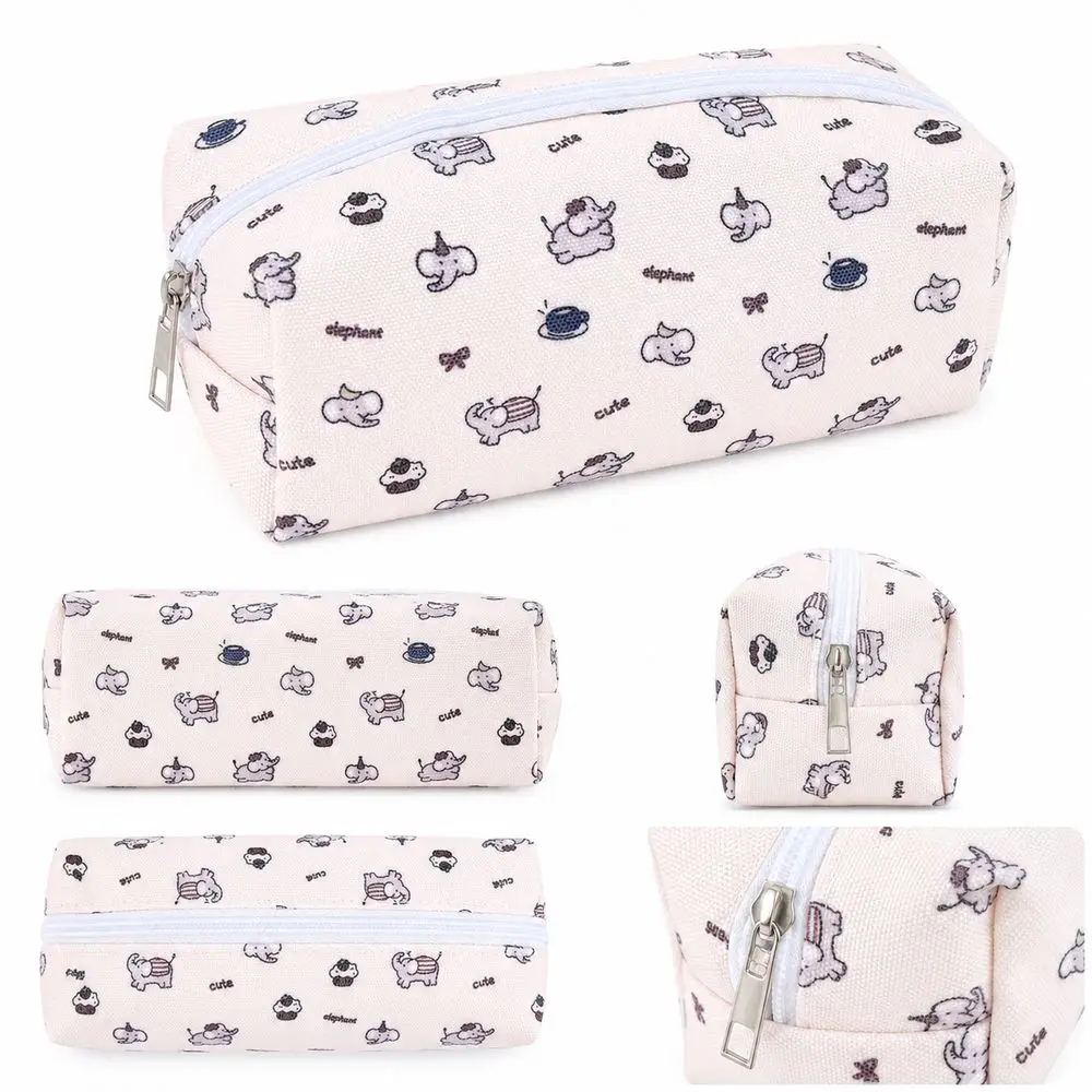Cute Elephant Print Pencil Case Zipper Closure Rectangular Shape Pen Pouch Soft Sided Cake Pattern Cosmetic Pouch Makeup Storage