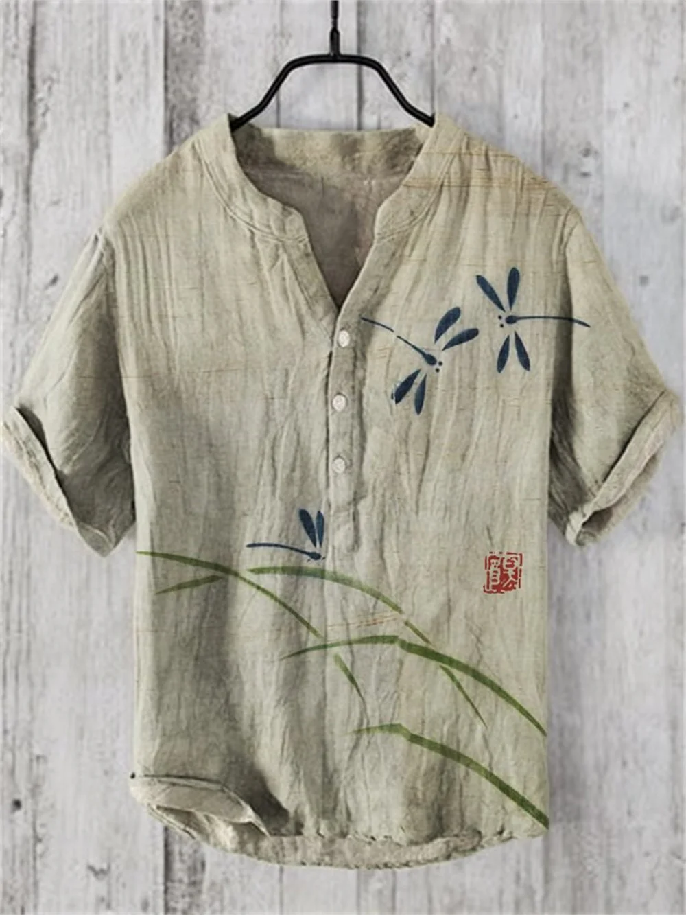 2024 New Men\'s Shirt Japanese Vintage Art Print Linen Short sleeved Shirt Hawaiian Style Button Henry Neck Shirt