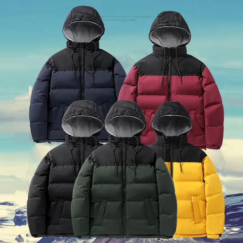 

Men Nice Winter New Casual Warm Thick Hat Parkas Jacket Patchwork Coats Casual Solid Color Loose Warm Down Puffer Jacket