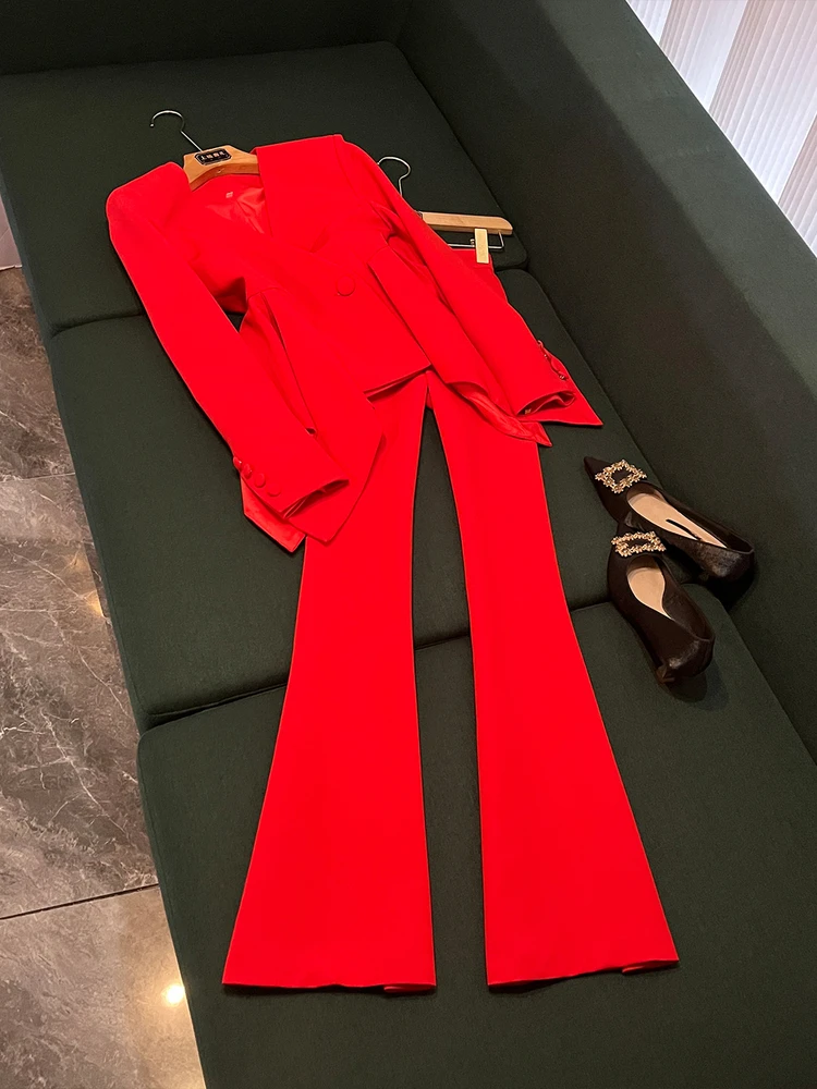 

Ele Ladylike Jaet And Micro Flared Pants Two Piece Set Slim Fit with Lace Hem Top And Bot for Women over 35