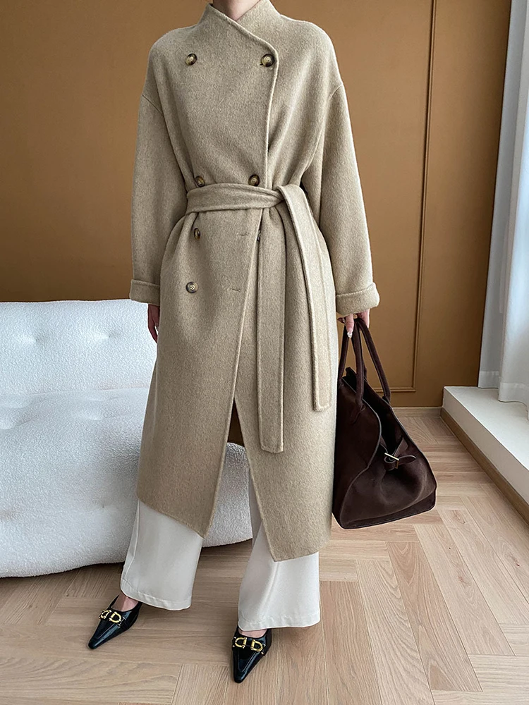 [EAM] Camel Big Size Thick Long Woolen Coat New Stand Collar Long Sleeve Women Jacket Fashion Tide Autumn Winter 2024 Dark Gray