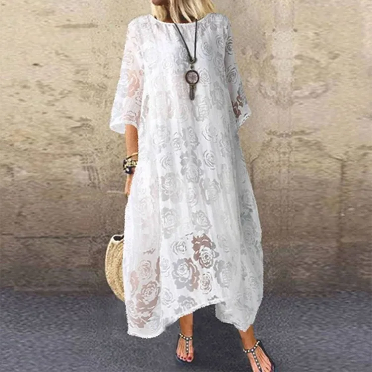 

Fashion Solid Rose Hollow Lace Dress For Women Elegant Round Neck Half Sleeve Big Hem Long Dresses 2024 Summer New Lady Robe