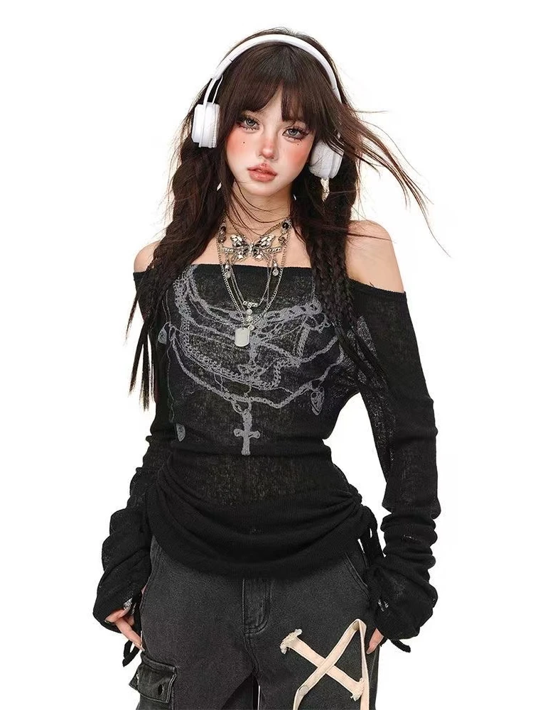 

Y2k T-shirt Vintage Tops Women's Top with Long Sleeves Print T-shirts Punk Tees Shirts Gothic Streetwear Subculture Blouse 2025