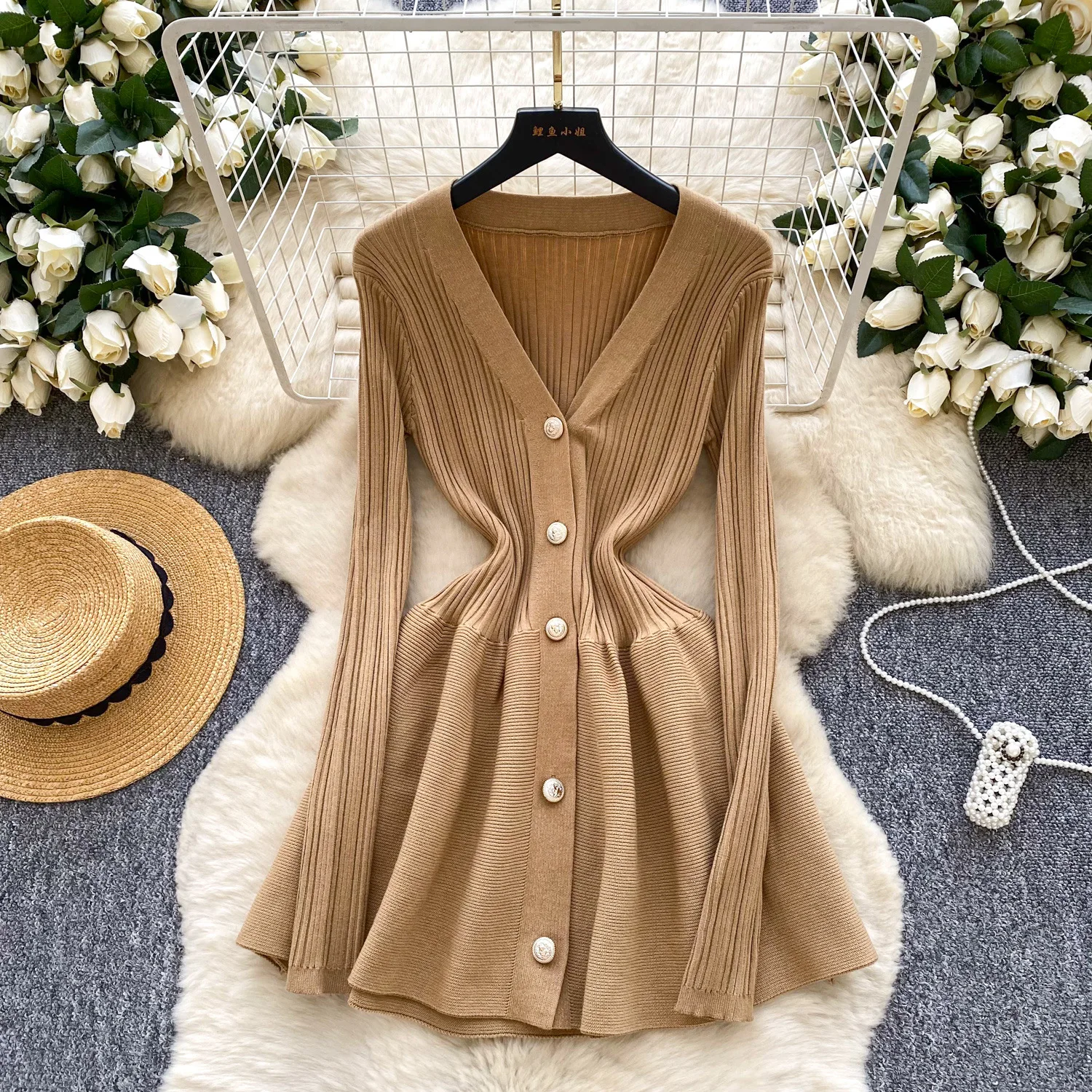 

Knited Women Dresses A Line Solid Dress Mini Lenth V Neck Long Sleeves Waist Cinch Loose Fit Casual Elegant Spring Autumn 2025