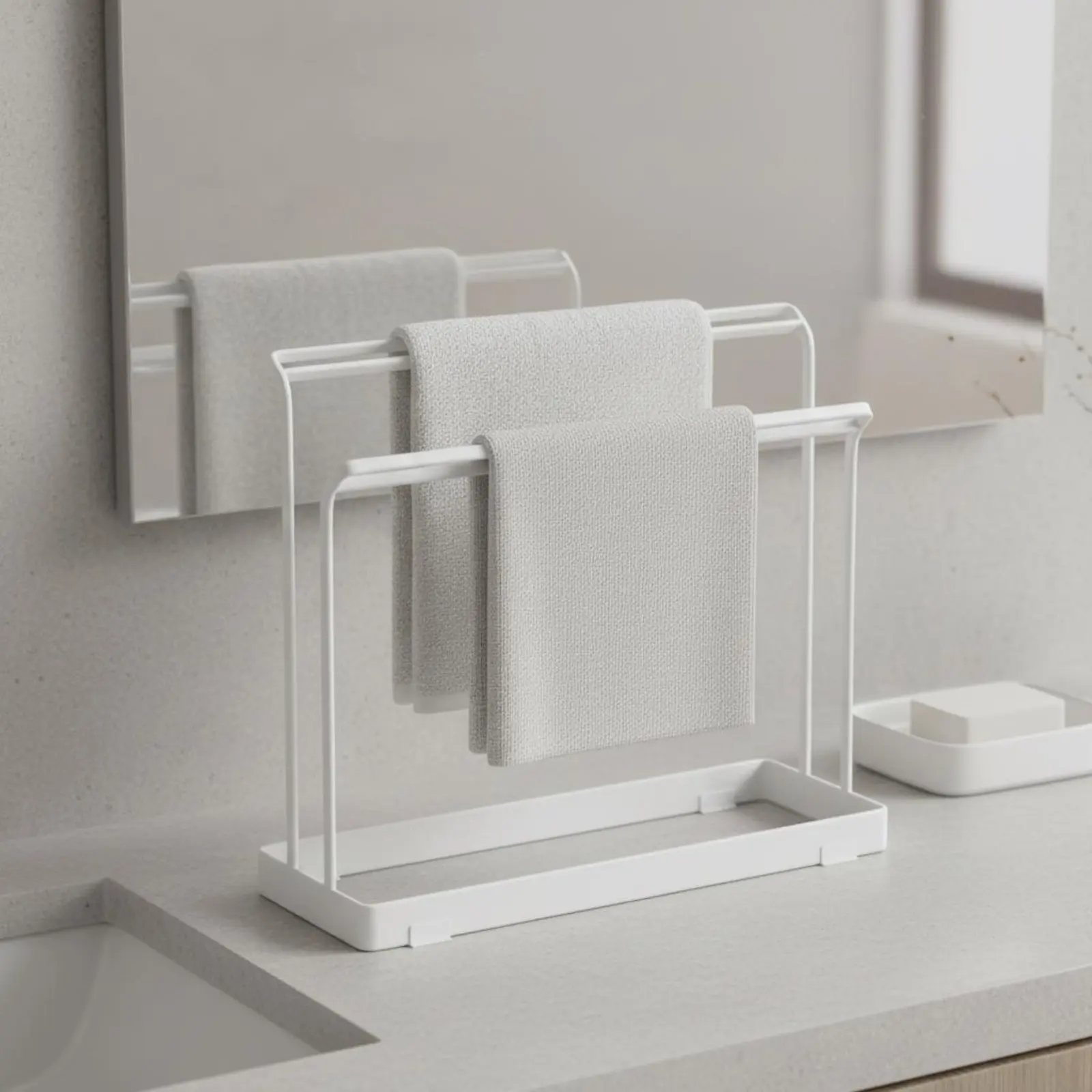 Kitchen Towel Drying Stand Water-Catching Tray Base Countertop Cloth Drainer Multi-Bar Rag Holder Ventilated Design Household